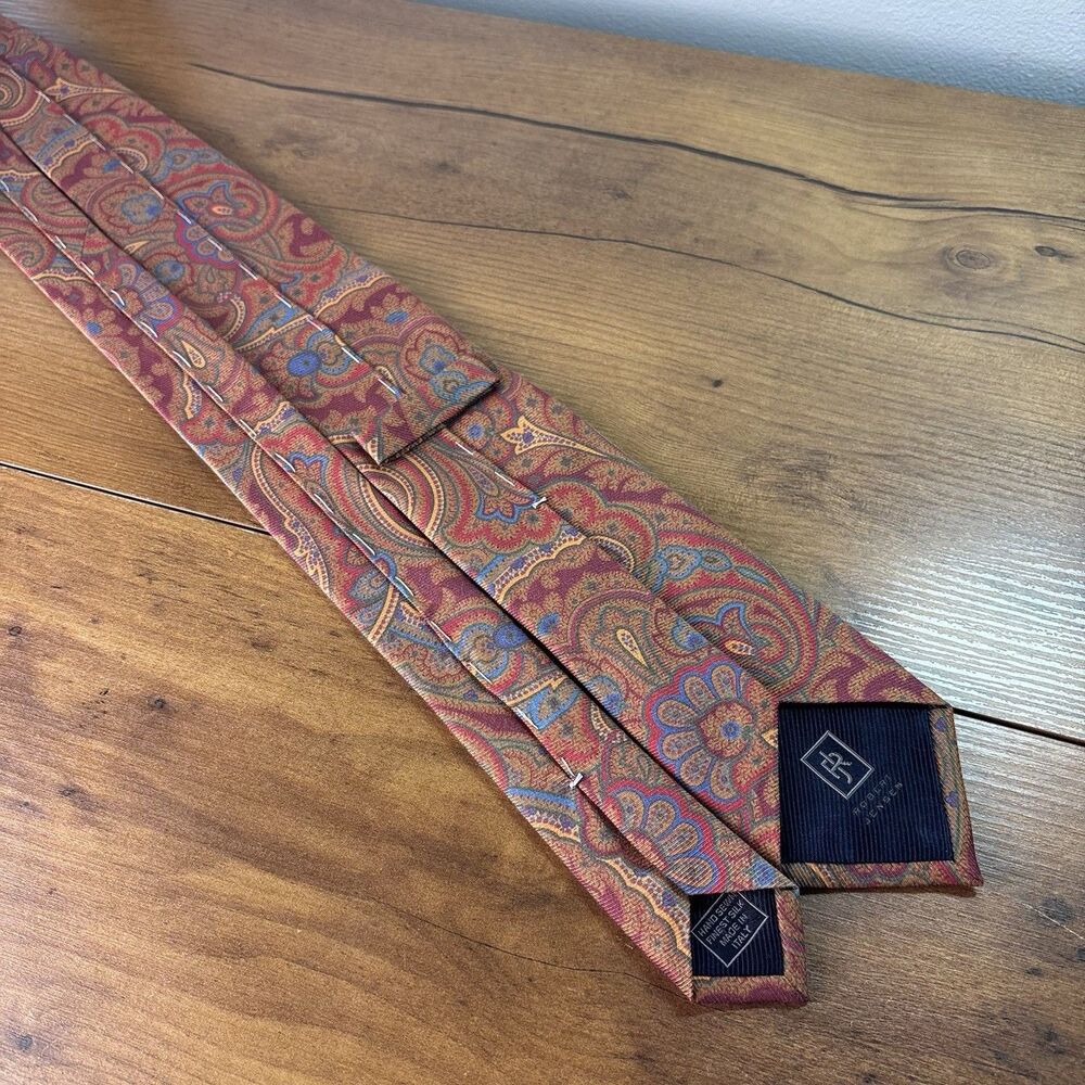 Robert Jensen Mens Silk Necktie Burgundy Red Blue Gold Paisley Pattern Italian - Picture 3 of 8